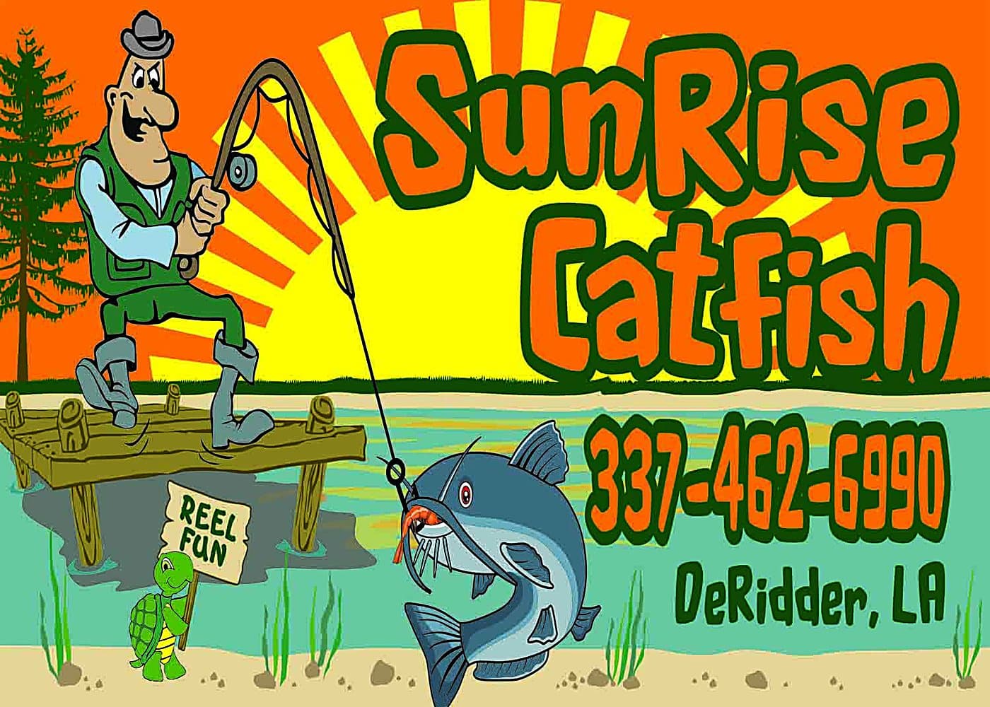 The hand-painted Sunrise Catfish sign — a fisherman reeling in a catfish beneath a bright sunrise, with the Reel Fun turtle